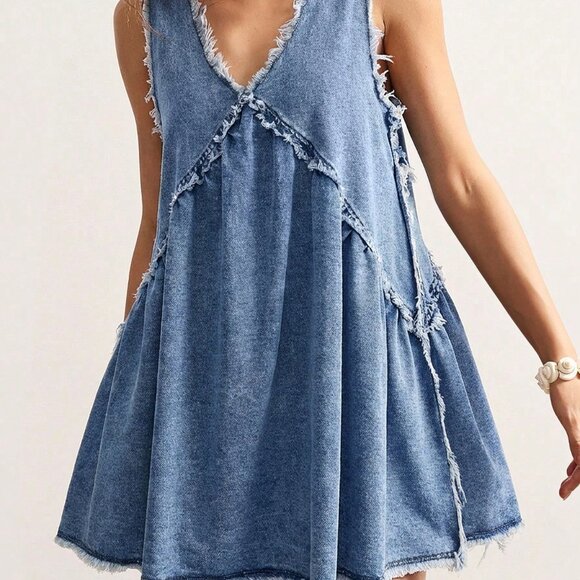 Light Wash Casual Women's Denim Sleeveless V-Neck Dress